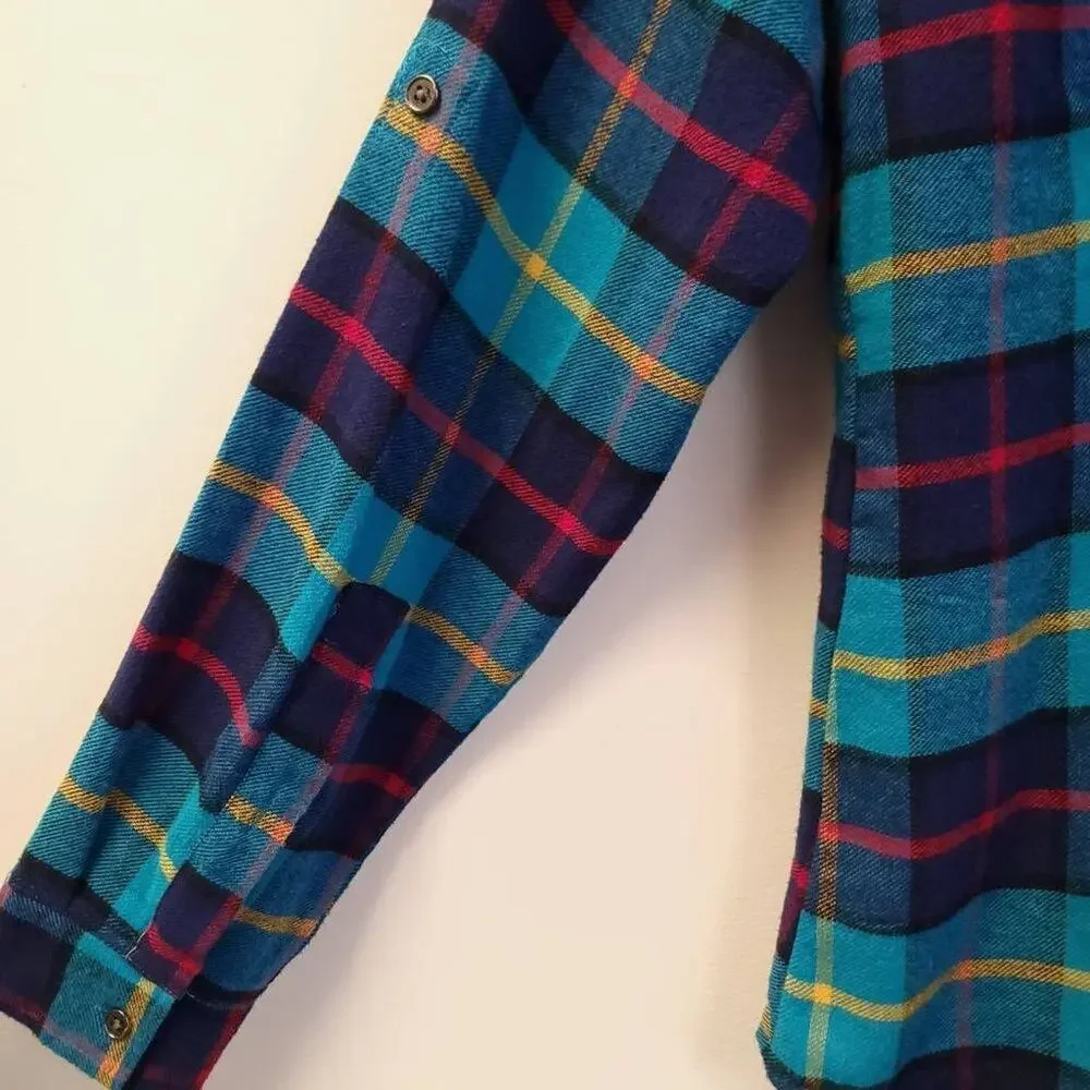 Overdrive Plaid Flannel Shirt Button Down Women's Size Small Roll Tab Sleeve - Picture 6 of 6